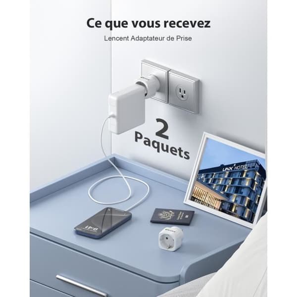 Reseadapter - LENCENT - FR 2 Benar till US 3 Benar - 360° skydd - Kompakt - Typ B