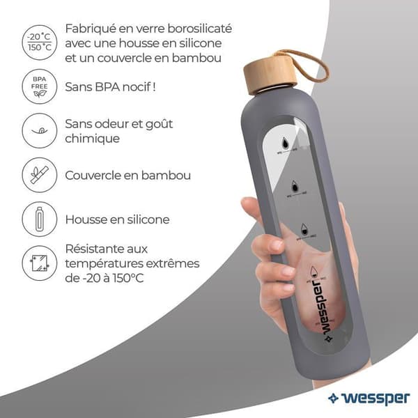 Gourde - WESSPER - ActiveMax Crystalline - Borosilikatglas - 1 liter - Vattentät