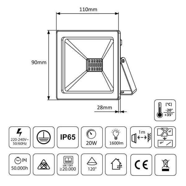 Smal utomhus LED-projektor 20W 1600lm Neutral Vit