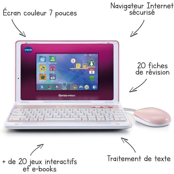 Barndator - VTECH - Genio Max - 7 Tums Skärm - 60 Utbildningsaktiviteter - Metallic Rosa