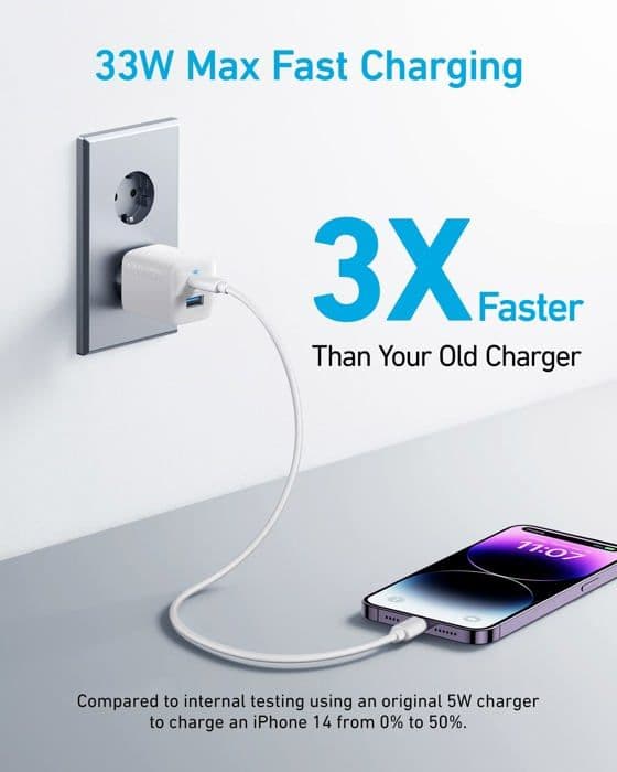 Anker Väggladdare 33W USB-C + USB-A A2331321 — Snabbladdning, ActiveShield, vit