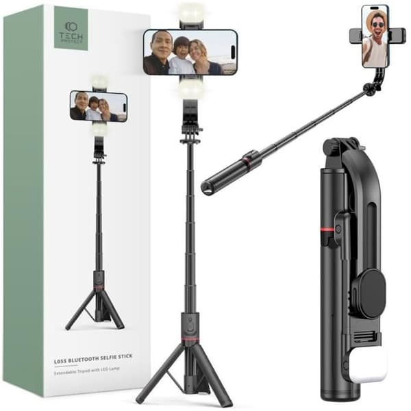 Perche till Selfie - TECH-PROTECT L05S - Bluetooth-stativ - LED-lampa - Svart