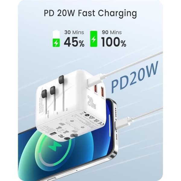 Reseföradapter - LENCENT - Snabbladdning 20W - USB Typ C - Universell - Vit