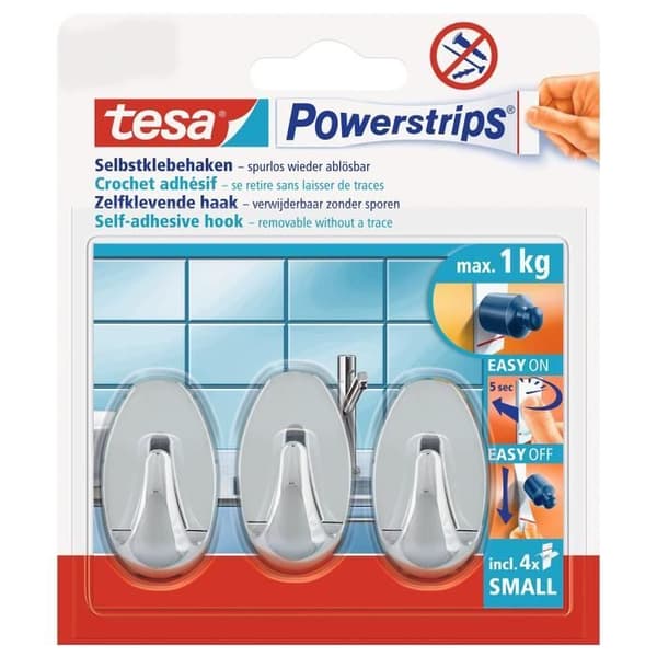 TESA 3 mini ovala krokar i krom + 4 mini Powerstrips
