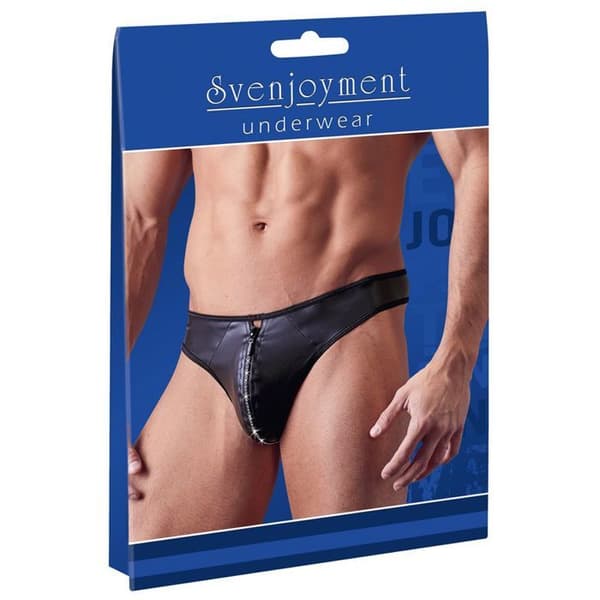 Svart Wet Look stringtrosa med strassdragkedja - S - Herr