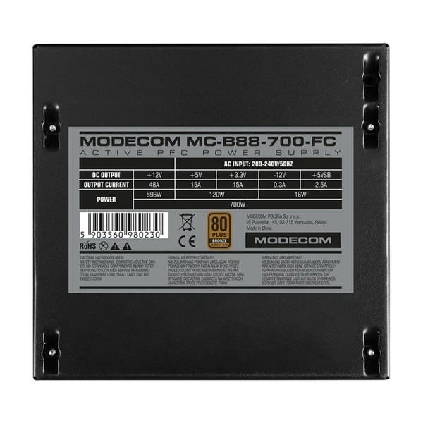 Strömförsörjning PC - MODECOM - MC-B88-700FC - 80 PLUS BRONZE - 700W - Fläkt 120 mm