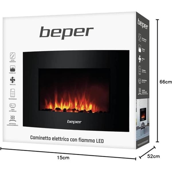 Väggmonterad eldstad - BEPER - RI.503 - Stål och härdat glas - 2000W - Fjärrkontroll ingår