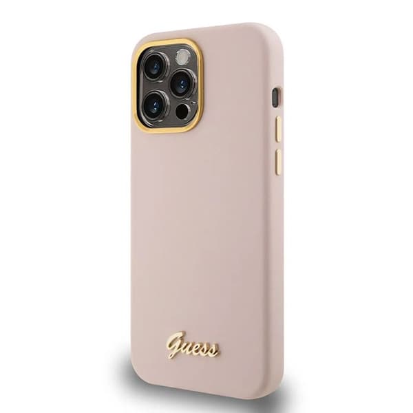 Guess Silicone Script-logotyp och metallram - Fodral för iPhone 15 Pro Max (rosa)