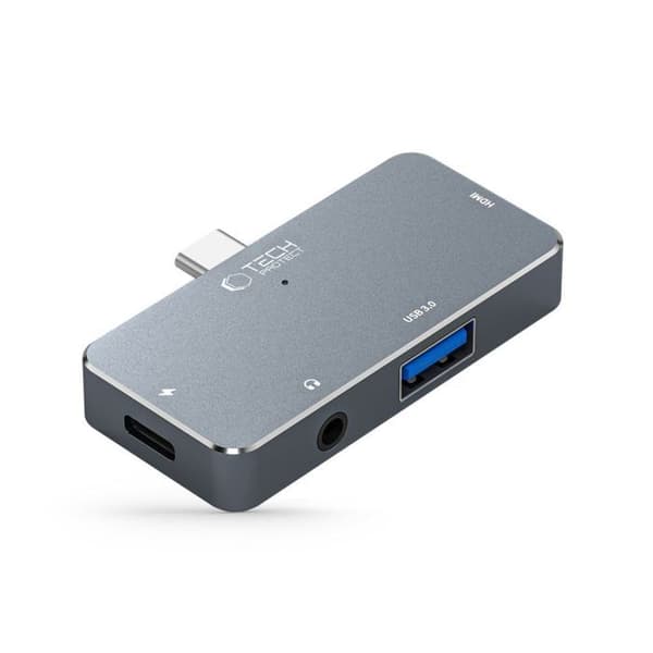 Adaptator Hub Tech-Protect V6 4 i 1 - USB-C, HDMI, 2 USB 3.0 - Aluminium Grå - Plug & Play