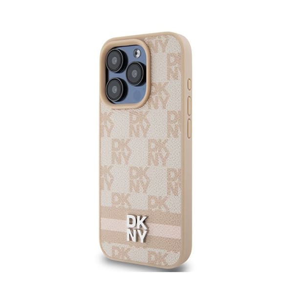DKNY Leather Mono Check Pattern & Stripes Print - Fodral för iPhone 15 Pro Max (Rosa)