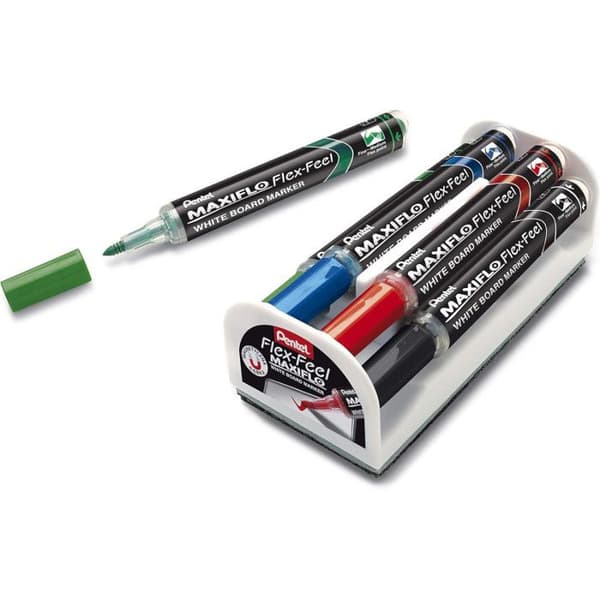 Pentel Maxiflo Flex-Feel – Set med 4 whiteboard-markörer + magnetisk sudd