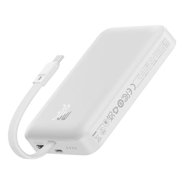 Batteri extern - BASEUS - Magnetisk Mini - 10000 mAh - 30W - USB-C, Lightning - Vit
