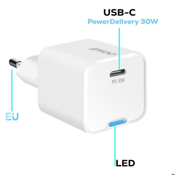 Nätadapter - BWOO - 30W - GaN - USB-C - Kompakt och Lätt