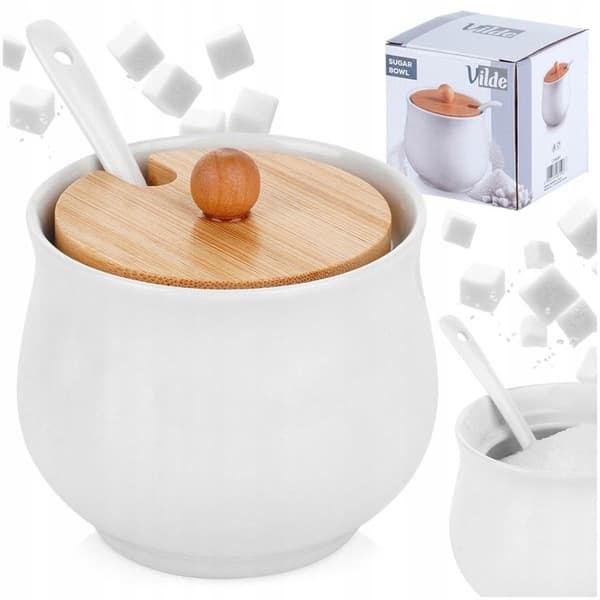 Keramiksockerbehållare - VILDE - 250 ml - Lock i bambu - 9x9 cm - Vit - Sked ingår - Minimalistisk design