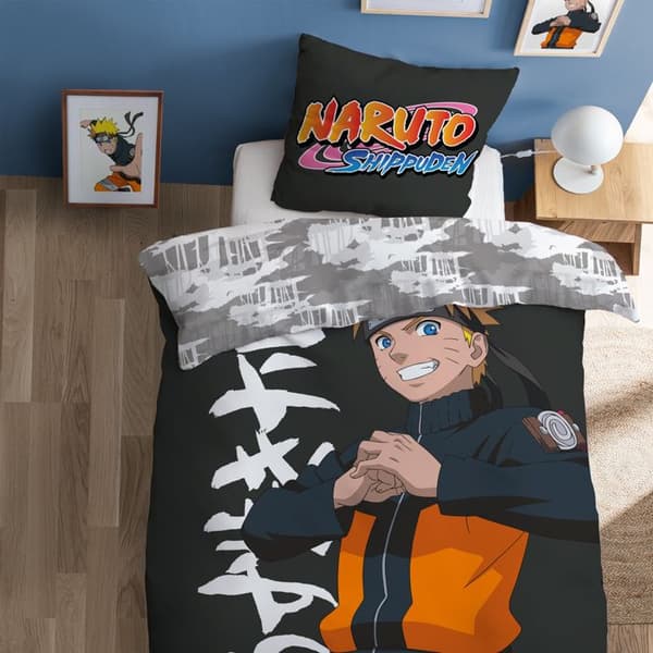 Barnsängkläder 100% Bomull - NARUTO UZUMAKI - Mörkgrå - 140x200+63x63cm