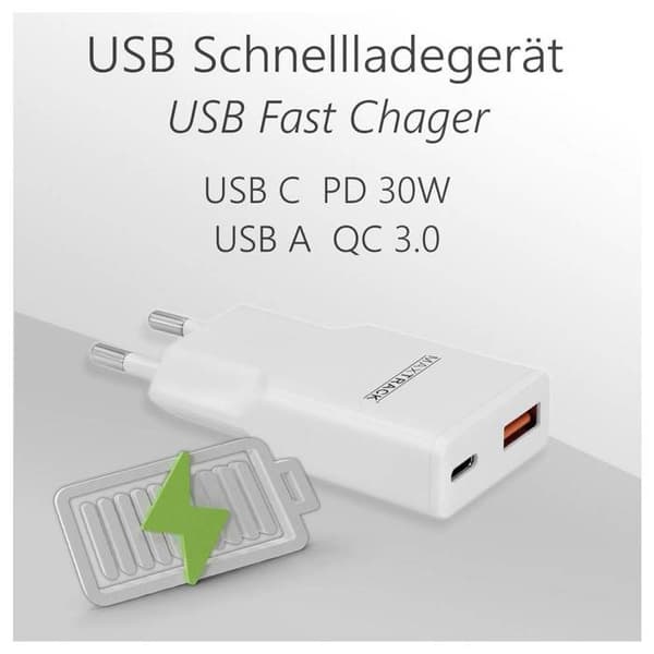 Maxtrack 30 W USB-C® laddadapter, USB-A Power Delivery 3.0, Snabbladdning vit