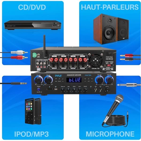 Pyle Bluetooth-förstärkare 800W 4 kanaler – MP3, USB, SD, AUX, RCA, FM, 2 mikrofoner