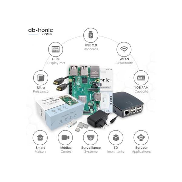 Raspberry Pi 3 B startpaket - db-tronic - 64 Go - HDMI 4K - 1 Go RAM