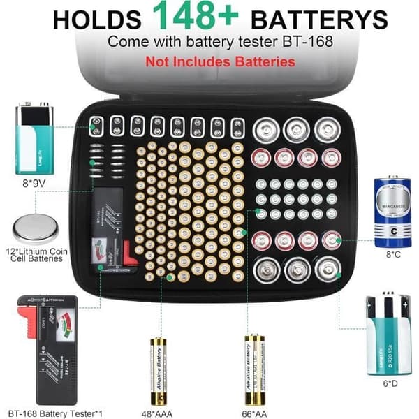 ENSOBO Batterilåd med kapacitet för 148 AA AAA C D 9V-batterier