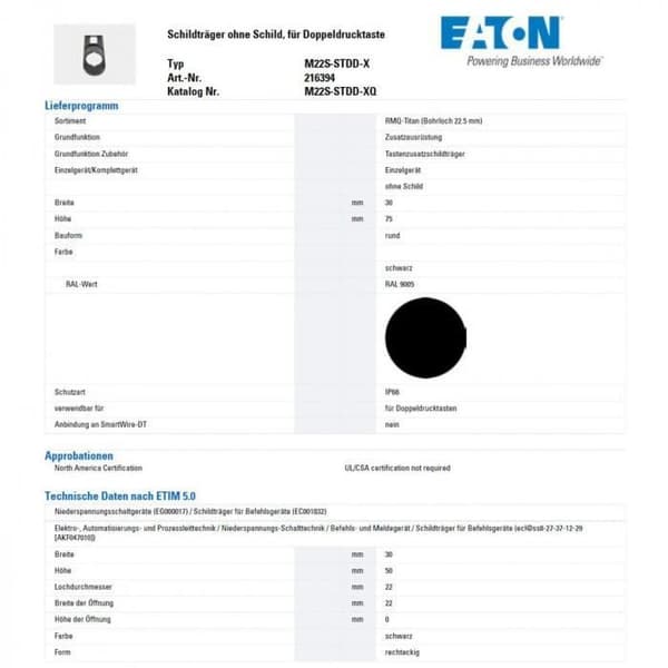 Eaton Placka Utan Placka, för dubbel tryckknapp - 216394