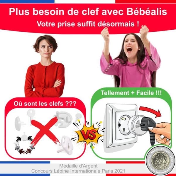 Bebissäkerhetsuttag - BEBEALIS - Avtagbar - Pack x10 - Vit - Elsäkerhet
