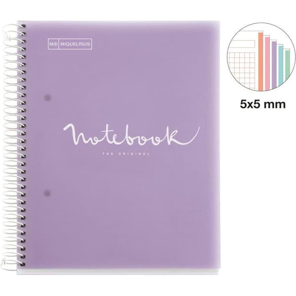 Notebook - Notebook - A5 - Spiraler - Små fyrkanter - 120 perforerade sidor - Polypro - Lavendel