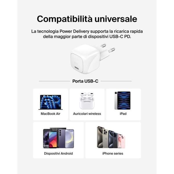 Belkin USB-C Snabbladdare 30W Vägg för iPhone iPad Samsung Galaxy Vit