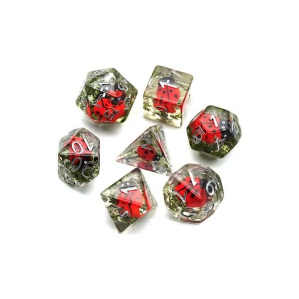 Set med 7 resin tärningar, Insert-serie - i låda - Nyckelpiga