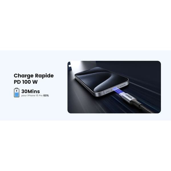 USB-C-kabel - UGREEN - Förstärkt Typ C till C-kabel - 1 m - 100W - Svart