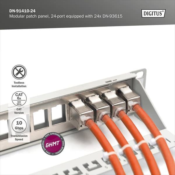 Patchpanel - DIGITUS - DN-91410-24 - 24 portar - Cat 6A - 500 MHz - Grå
