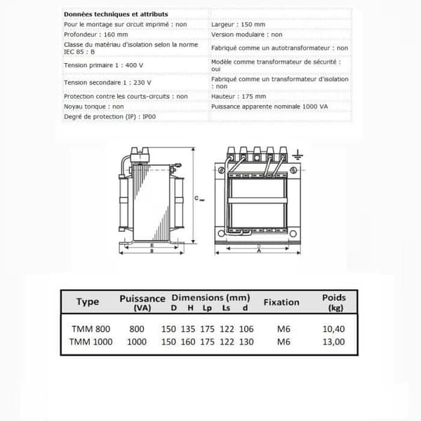 Transformator - TMM - 1000VA - IP00 avskiljande eller säkerhet