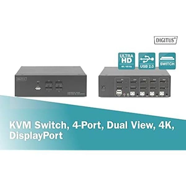 KVM-switch - DIGITUS - 4 portar - Dubbelvisning - 4K UHD - FreeSync