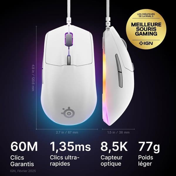 Trådad gamingmus - STEELSERIES - Rival 3 Gen 2 - Vit