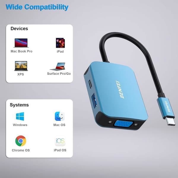USB C HUB, BENFEI USB C till HDMI VGA-adapter, USB C till USB 3.0