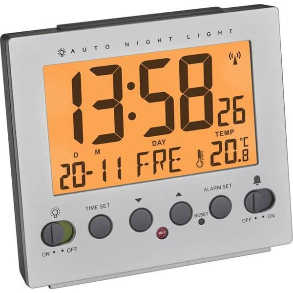 TFA Dostmann 60.2561.55 radiostyrd Väckarklocka silver Wake up hours 1