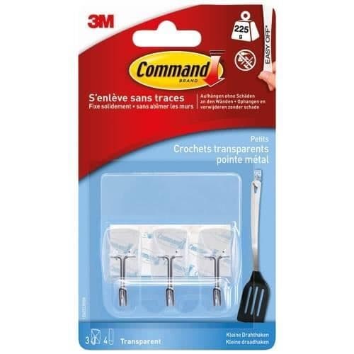 3M - Klisterkrok - Liten rektangulär - Metallspets - Klarar 225 g - Transparent - 3-pack