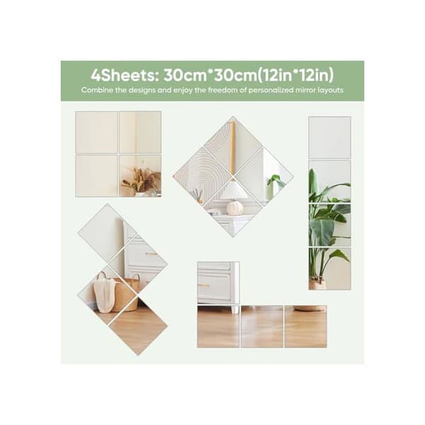 Självhäftande akryl spegel - Lokiiz - Set om 4 - 20x20 cm - Silver - Rektangulär - Väggmontering - Repbeständig