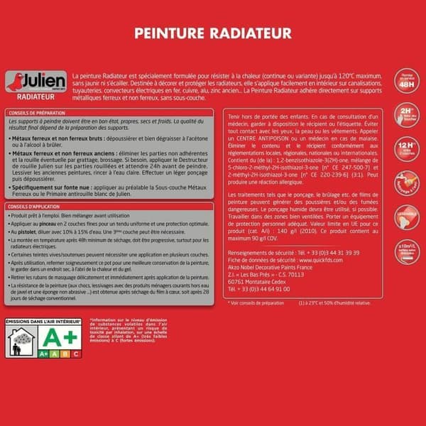Vattenbaserad radiatorfärg Satin Vit 0l75 - Julien