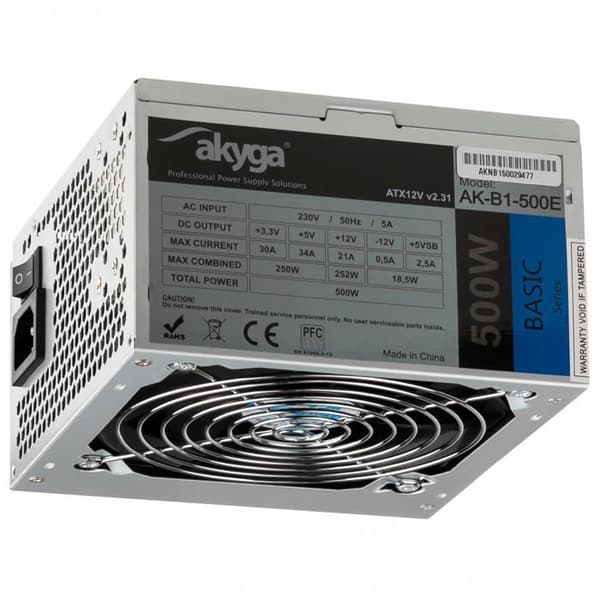 Akyga Basic Series AK-B1-500E strömförsörjning - ATX12V 2,31 - 500 Watt - PFC - grå