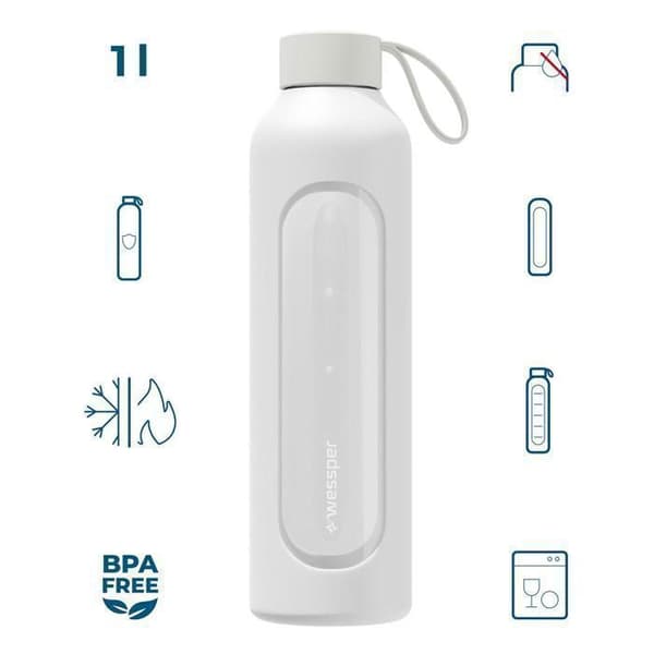 Glasflaska - WESSPER B1 BOROSILICATE - 1000ml - Silikonfodral - vit