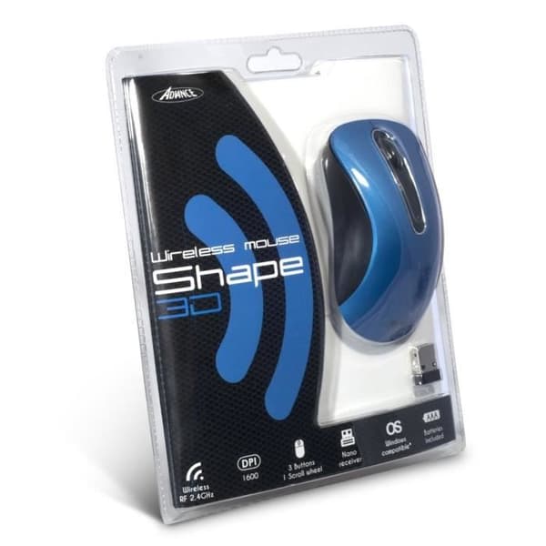 Shape 3D Mouse S-3DW-BK - ADVANCE - Trådlös - Optisk - 3 knappar - 1600 DPI - PC - Blå