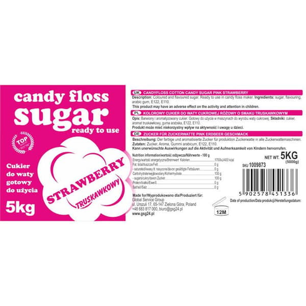 Färgad sockervaddssocker, röd, jordgubbssmak, 5 kg