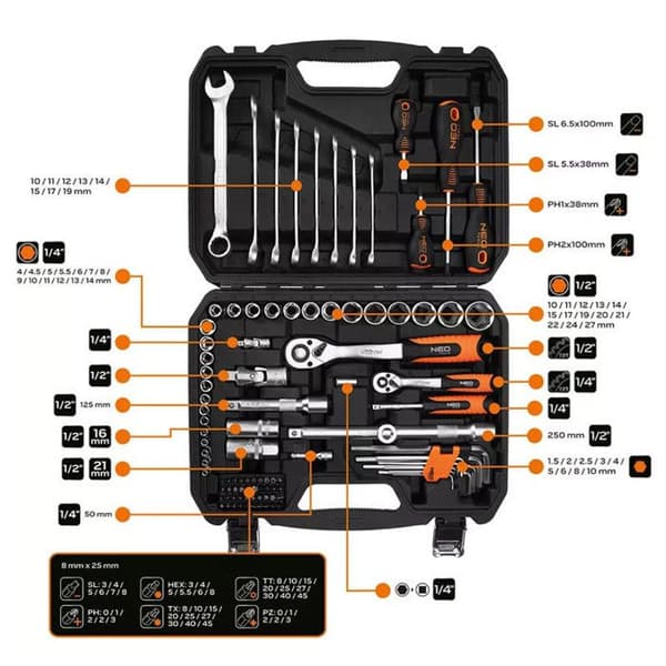 Verktygssats 100 delar 1/2", 1/4" NEO TOOLS - 10-206