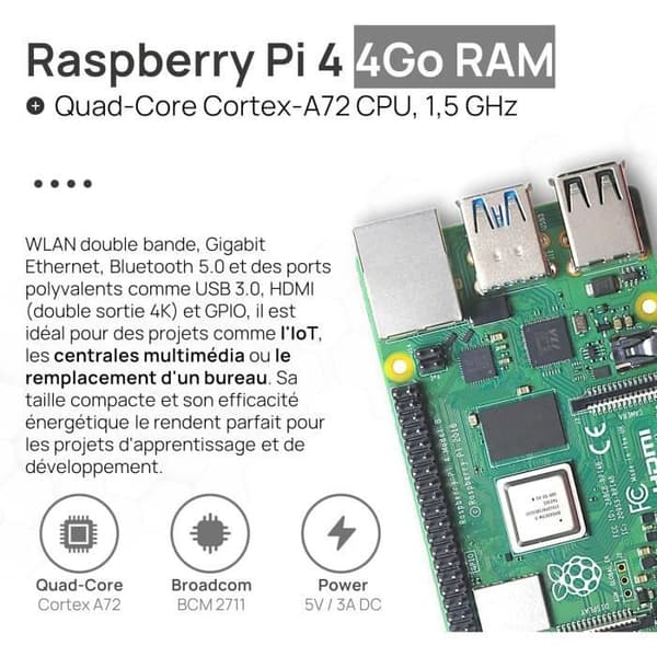 Kit Raspberry Pi 4 - GENERISK - Modell B - 4 GB RAM - USB-C 15W strömförsörjning - 64 GB SD-kort
