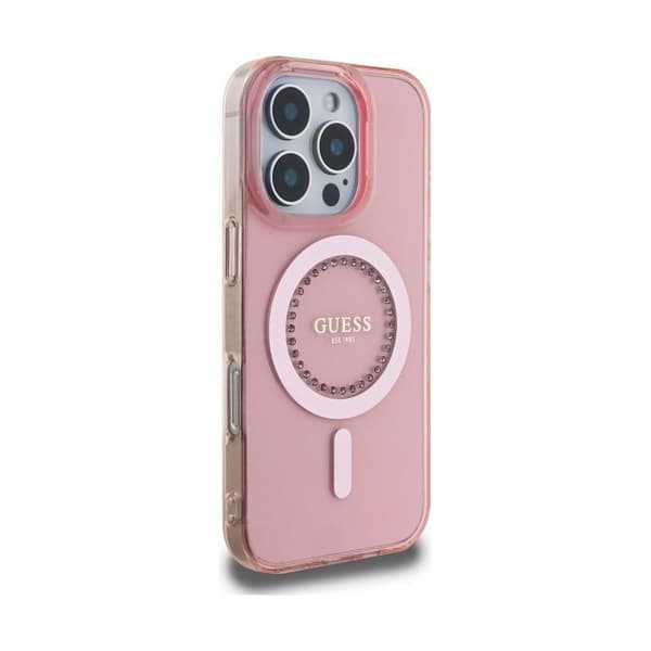 Coque Guess IML Rhinestones MagSafe för iPhone 16 Pro Max - Rosa