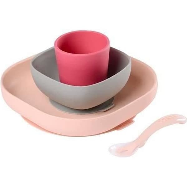 BÉABA - Set för Barnmat av Silikon - Sugkoppar - Halkfria - 4 Delar - Rosa