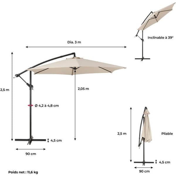 Parasol med sidostöd AUREA Ø 3 m - Aluminiumstruktur med polyesterduk 180g - Kräm