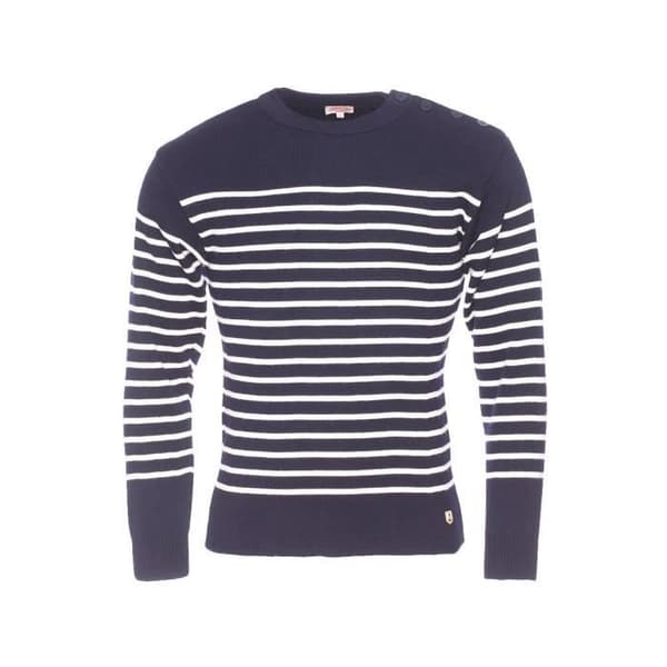 Pull - Armor Lux - Laine - Mörkblå med crème-ränder - Rund hals - Herr