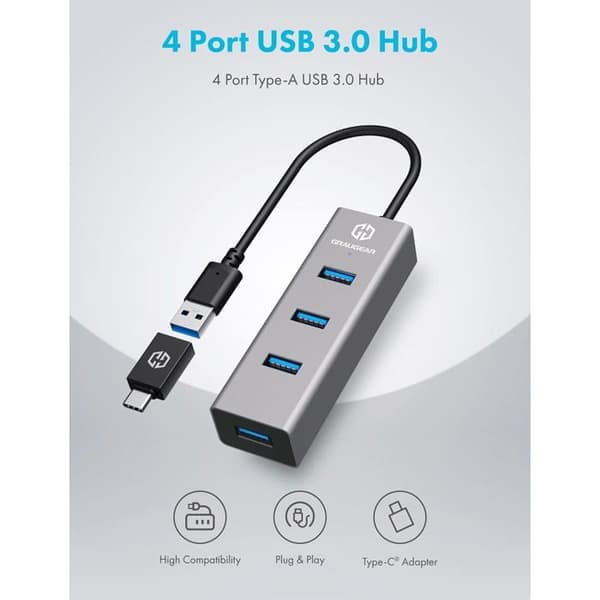 USB-hubb - Graugear - 4 portar Typ-A - Hastighet 5 Gbit/s - Aluminium Kompakt