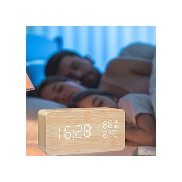 Digital väckarklocka - RETOO - LED-trämodell - LED-display - Temperatur & Datum - USB-laddning